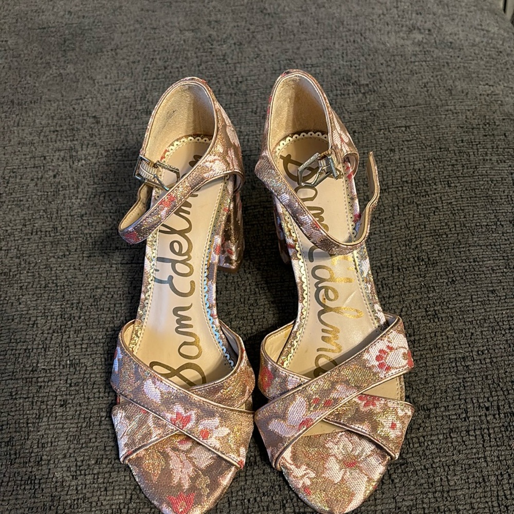 Sam Edelman Floral Rose Gold Metallic Block Heel Sandals
